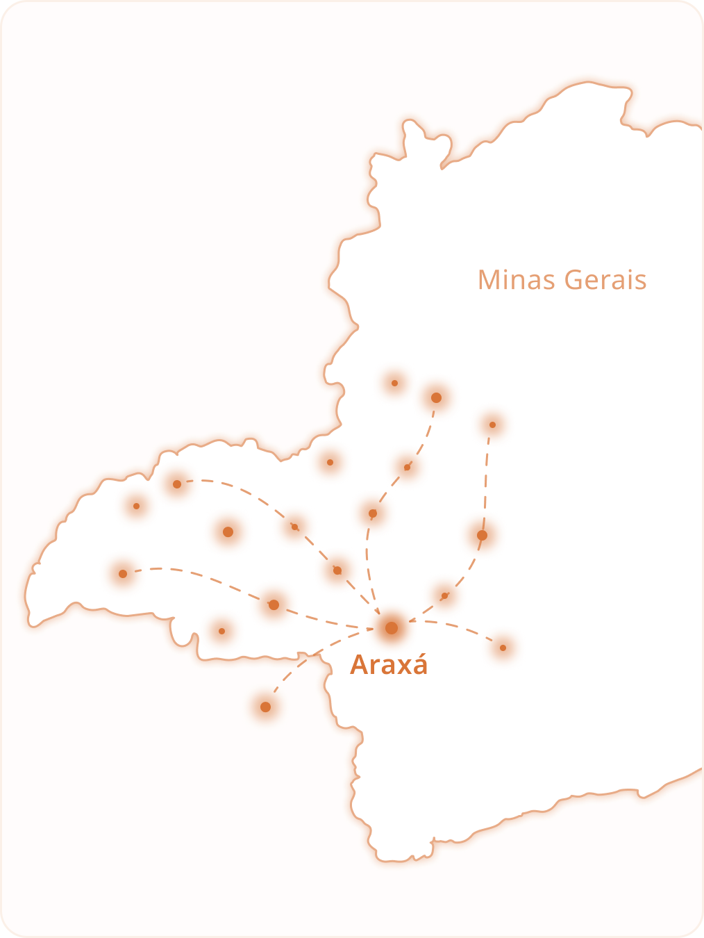 Mapa de rotas de entrega da Cremore a partir de Araxá, Minas Gerais
